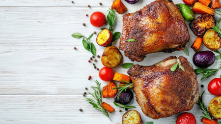Flat lay of two spiced duck thighs with crispy skin, complemented by roasted vegetables, set on a white wooden background for a fresh culinary presentation.の素材