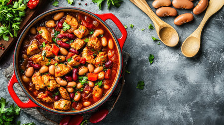 Red pot of chicken cassoulet with sausages and beans on a grey concrete surface, with ingredients like vegetables and herbs scattered around.の素材
