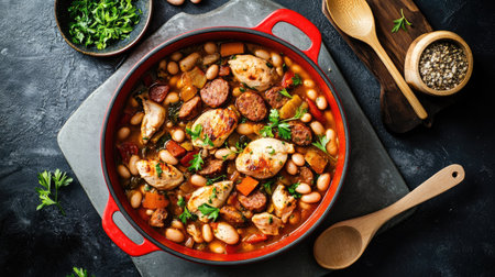 Top view of a red pot filled with hearty cassoulet featuring chicken breast, sausages, and white beans, arranged on a grey concrete table with ingredients and wooden spoons.の素材