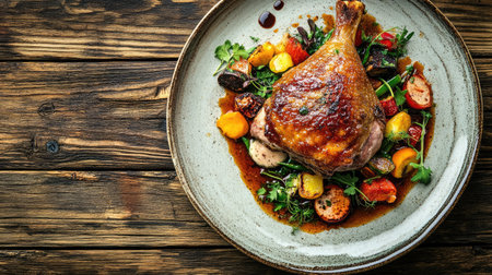 Top view of a duck confit leg, crispy and golden, surrounded by vegetables and a light sauce, presented on a ceramic plate on a rustic wood table.の素材