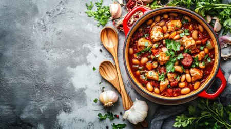Red pot of chicken cassoulet with sausages and beans on a grey concrete surface, with ingredients like vegetables and herbs scattered around.の素材