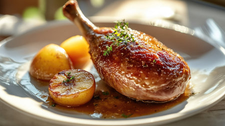 Roasted duck leg confit served with a sweet baked apple, presented on a white plate with a light background and soft sunlight shadows for a warm, inviting look.の素材