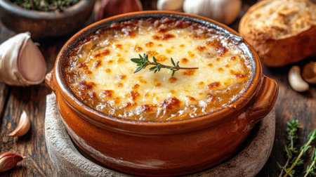 Top view of hearty French onion soup with a crispy cheese layer and thyme, presented in a classic bowl, showcasing the comfort and richness of French cuisine.の素材