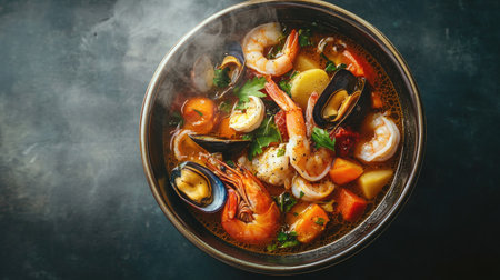 Top view of a steaming bowl of bouillabaisse, highlighting the assortment of seafood and vegetables in a savory broth, elegantly arranged for a comforting meal.の素材