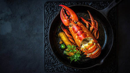 Top view of a whole Maine lobster, golden and sizzling, served with a vegetable side dish in a stylish cast iron pan, showcased over a black detailed placemat with low-key lighting.の素材