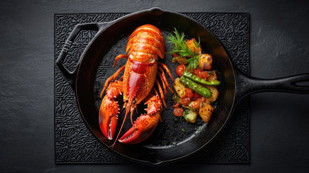 Top view of a whole Maine lobster, golden and sizzling, served with a vegetable side dish in a stylish cast iron pan, showcased over a black detailed placemat with low-key lighting.の素材