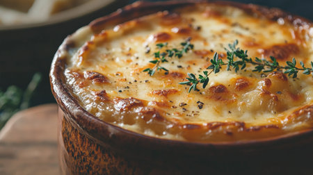Top view of French onion soup, highlighting the rich cheese crust and fresh thyme, elegantly presented in a rustic bowl against a soft, blurred background.の素材