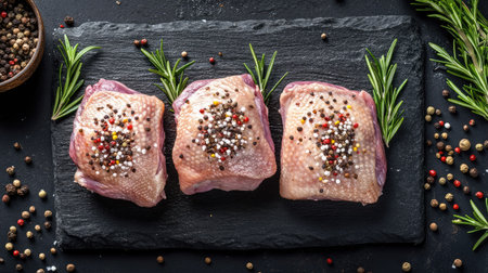 Top view of fresh raw duck thighs resting on a black stone background, garnished with aromatic rosemary and colorful spices, creating a vibrant culinary scene.の素材
