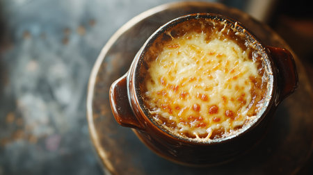 Top view of French onion soup served in a rustic bowl with a golden crust of cheese, set against a soft, blurred background for an inviting, cozy feel with copy space1906e269172fの素材