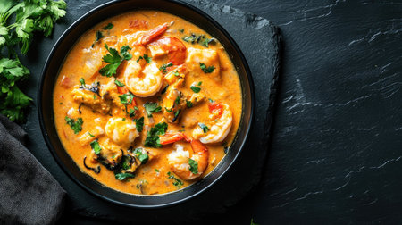 Top-down shot of a rich Brazilian moqueca featuring seafood and coconut milk in a black bowl, set against a dark slate background with generous copy space.の素材