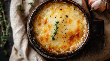 Top-down shot of classic French onion soup, highlighting the crusty cheese layer and fresh thyme sprigs, beautifully presented in an elegant bowl against a soft background.の素材