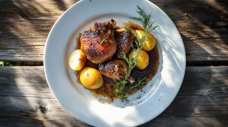 Top view of traditional duck confit with baked apple, elegantly arranged on a white plate, illuminated by sunlight, enhancing the rich colors and textures.の素材