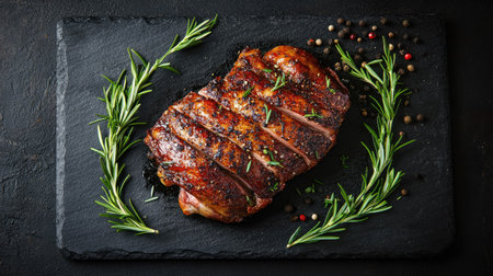 Top-down shot of a crispy baked duck thigh infused with spices, surrounded by fresh rosemary on a black stone cutting board, creating a dramatic culinary scene.の素材