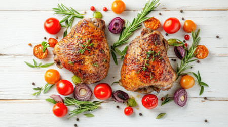 Top-down shot of two crispy duck thighs baked with vegetables and herbs, placed on a white wooden background for a rustic, clean look.の素材