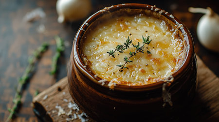 Top-down shot of classic French onion soup, featuring vibrant onions and fresh thyme, beautifully styled in a rustic ceramic bowl against a soft, blurred background.の素材
