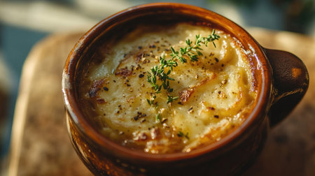 Top-down shot of classic French onion soup, featuring vibrant onions and fresh thyme, beautifully styled in a rustic ceramic bowl against a soft, blurred background.の素材