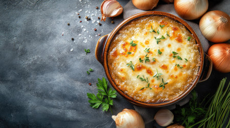 Top-down view of French onion soup, featuring a rich cheese crust and fresh herbs, set against a simple background that allows for easy addition of copy spaceの素材