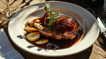 Traditional French duck confit served with a baked apple and rich gravy on a white plate, beautifully styled with sunlight shadows for an elegant summer meal.の素材