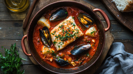 Top-down view of a hearty seafood bouillabaisse, featuring succulent cod and mussels bathed in a delicious red wine tomato sauce, presented in a rustic copper casserole for an inviting meal.の素材