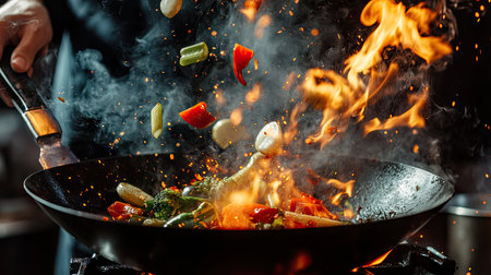 Vegetables flying from a hot wok as flames shoot up, captured in motion with a chef's hand visible, dark background emphasizing the fiery cooking action.の素材
