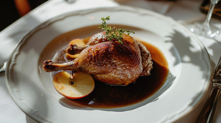 Traditional French duck confit served with a baked apple and rich gravy on a white plate, beautifully styled with sunlight shadows for an elegant summer meal.の素材
