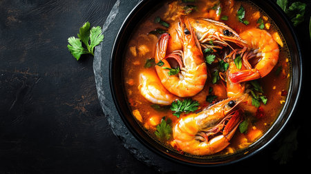 Top-down shot of tom yum kung, highlighting the rich broth and vibrant shrimp, garnished with herbs in a black bowl, surrounded by dark stone for clear copy space.の素材