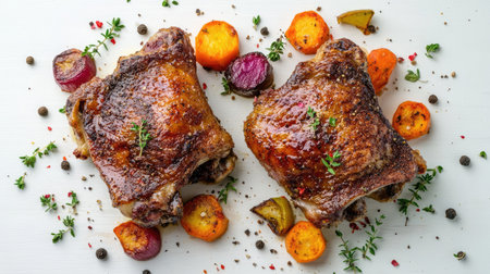 Two baked duck thighs with crispy skin, spiced and served with roasted vegetables, arranged on a white wooden background. Flat lay, top view for culinary promotions.の素材