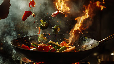 Vegetables flying through the air from a wok as a chef throws them in the pan, flames lighting up the scene with a dramatic dark background for high contrast.の素材