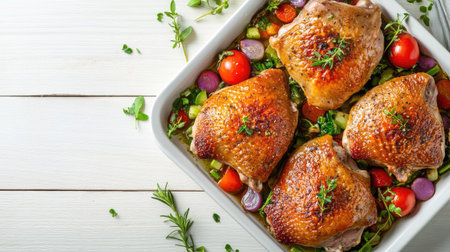 Two golden-brown duck thighs baked with vegetables and herbs, captured from above on a white wooden background. Flat lay for clean food presentation.の素材