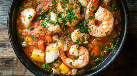 Top-down shot of a hearty bouillabaisse, showcasing succulent shrimp, fish, and vegetables in a flavorful broth, beautifully presented with a sprinkle of fresh herbs.の素材