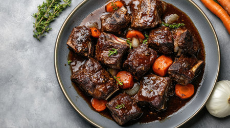 A plate of beef ribs Bourguignon in a rich red wine sauce, captured from above, with tender meat, carrots, and onions arranged artfully on a grey stone tableの素材