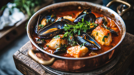 An artistic presentation of traditional bouillabaisse with cod and mussels, served in a vintage copper casserole, highlighting the rich red wine tomato sauce and fresh herbs on top.の素材