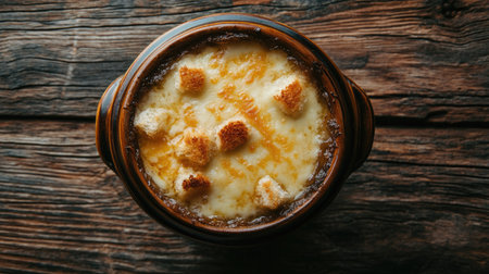 Top view of a steaming bowl of French onion soup, garnished with golden melted cheese and croutons, set against a rustic wooden table, inviting and cozy.の素材
