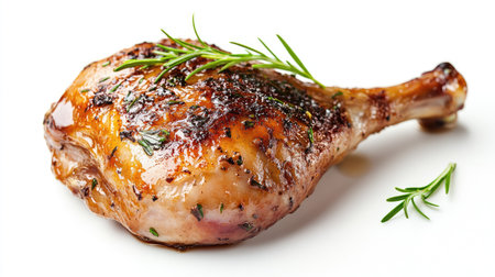 A single roasted duck leg, glistening with juices and garnished with fresh herbs, captured against a white background, making it a perfect centerpiece for culinary promotions.の素材