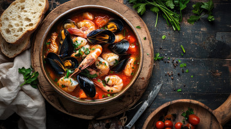 An artistic shot of bouillabaisse, featuring a vibrant mix of fish, mussels, and shrimp in a savory broth, served in a stylish bowl with a rustic backdrop,の素材
