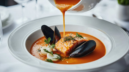 An artistic shot of appetizing red bouillabaisse soup being poured from a bowl, highlighting fresh salmon and mussels,の素材