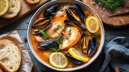 A warm and inviting top view of a bowl of bouillabaisse, filled with fresh fish, mussels, and herbs in a savory broth, elegantly styled with lemon slices and served with crusty bread for a classic touch.の素材