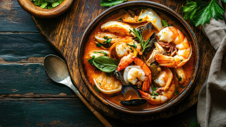 A vibrant top view of classic bouillabaisse, showcasing a medley of fresh seafood, including shrimp and fish, garnished with herbs and served in a rustic bowl.の素材