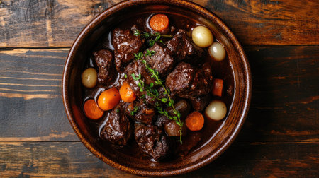 Boeuf Bourguignon from above, featuring succulent beef, pearl onions, and carrots in a dark, rich sauce, served in a ceramic dish on a wooden background.の素材