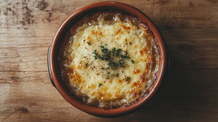 A top view of classic French onion soup, featuring rich caramelized onions and a sprinkle of fresh thyme, elegantly presented in a rustic bowl on a wooden table.の素材
