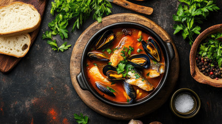 An elegant top view of steaming bouillabaisse, showcasing plump mussels, tender fish, and spices in a rich broth, beautifully garnished with fresh herbs and served with a side of rustic bread.の素材
