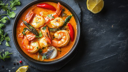 An elegant bowl of moqueca with fish and shrimp on a dark slate tabletop, filled with vibrant colors and textures,の素材