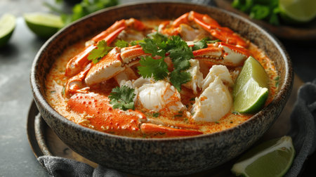 An artistic shot of a bowl of steamed egg crab with fresh milk, topped with a fiery seafood sauce, garnished with cilantro and lime wedges for a fresh and inviting presentation.の素材