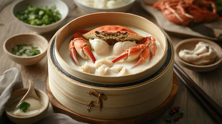 An inviting shot of steamed egg crab, showcasing the creamy interior filled with fresh milk, drizzled with a spicy seafood sauce, perfect for highlighting this delicious seafood delicacy.の素材