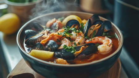 A cozy kitchen scene with a steaming bowl of Spanish bouillabaisse, filled with an array of seafood, including mussels, shrimp, and scallops, garnished with herbs and served with lemon wedges for a refreshing touch.の素材