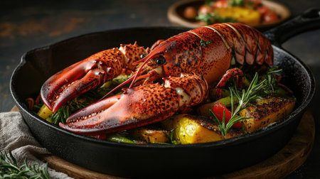 An inviting presentation of a broiled whole Maine lobster accompanied by a side of seasonal vegetables in a cast iron pan, captured in a modern setting with dark,の素材