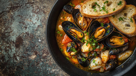 Artistic top-down shot of bouillabaisse, featuring vibrant mussels and fish in a flavorful broth, served alongside crispy garlic toast baguette for a gourmet experience.の素材