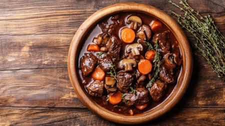 Boeuf Bourguignon in a round dish, captured from above, with beef, carrots, and mushrooms in a rich sauce, surrounded by fresh thyme on a rustic wooden surface.の素材