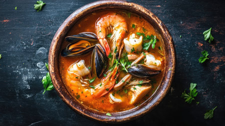 A vibrant top view of traditional French seafood bouillabaisse soup, showcasing a medley of fresh fish, mussels, and shrimp in a rich broth, garnished with herbs and served in a rustic bowl.の素材