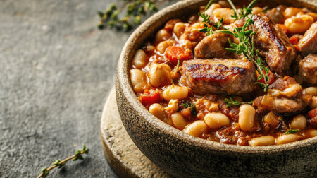 A close-up of cassoulet in a rustic bowl on a textured background, with room for text on the upper right, suitable for culinary websites or social media posts.の素材